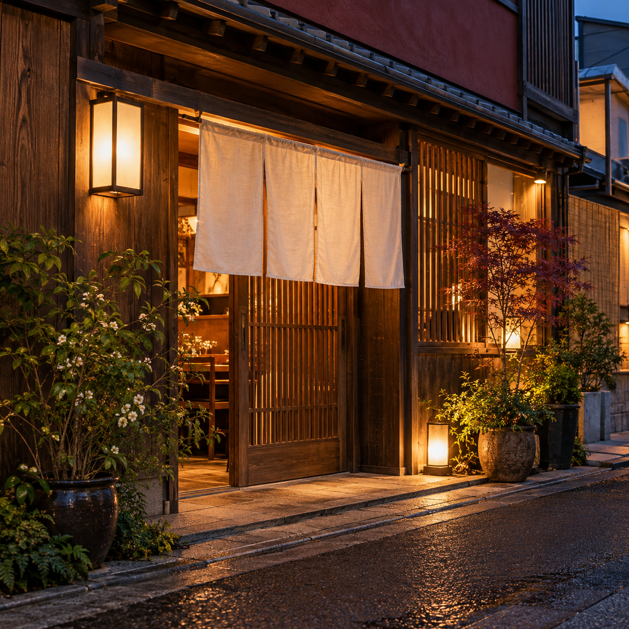暖簾と灯りが迎える店舗外観