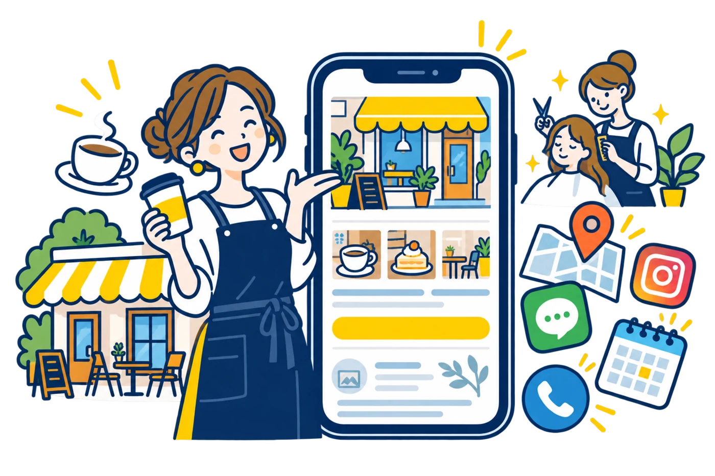 店舗オーナーのそばに公式案内ページと各種案内先が集まるイラスト